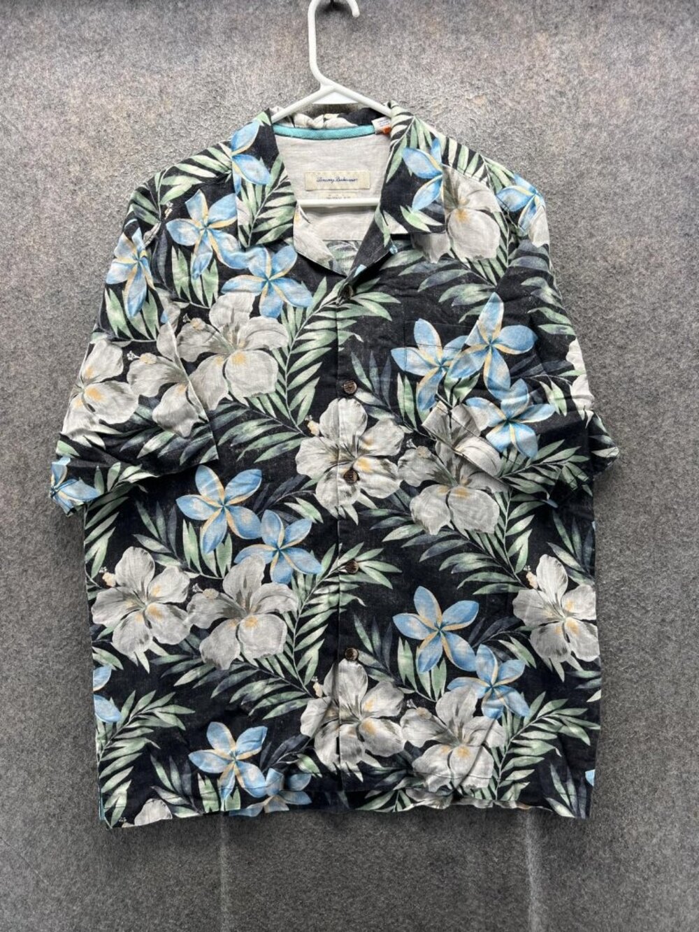 Tommy Bahama Shirt Men Large Black Floral Hawaiian Linen Short Sleeve Camp Relax